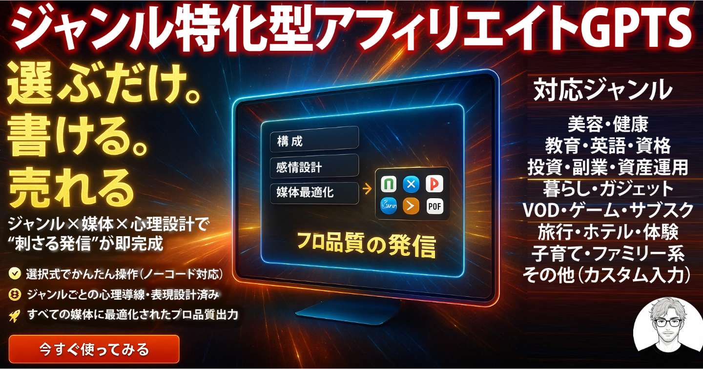 【7/21までリリースセール中】noteもXも、迷わず“プロ品質”で完成。ジャンル特化型アフィリエイトGPTS──発信が武器に変わる