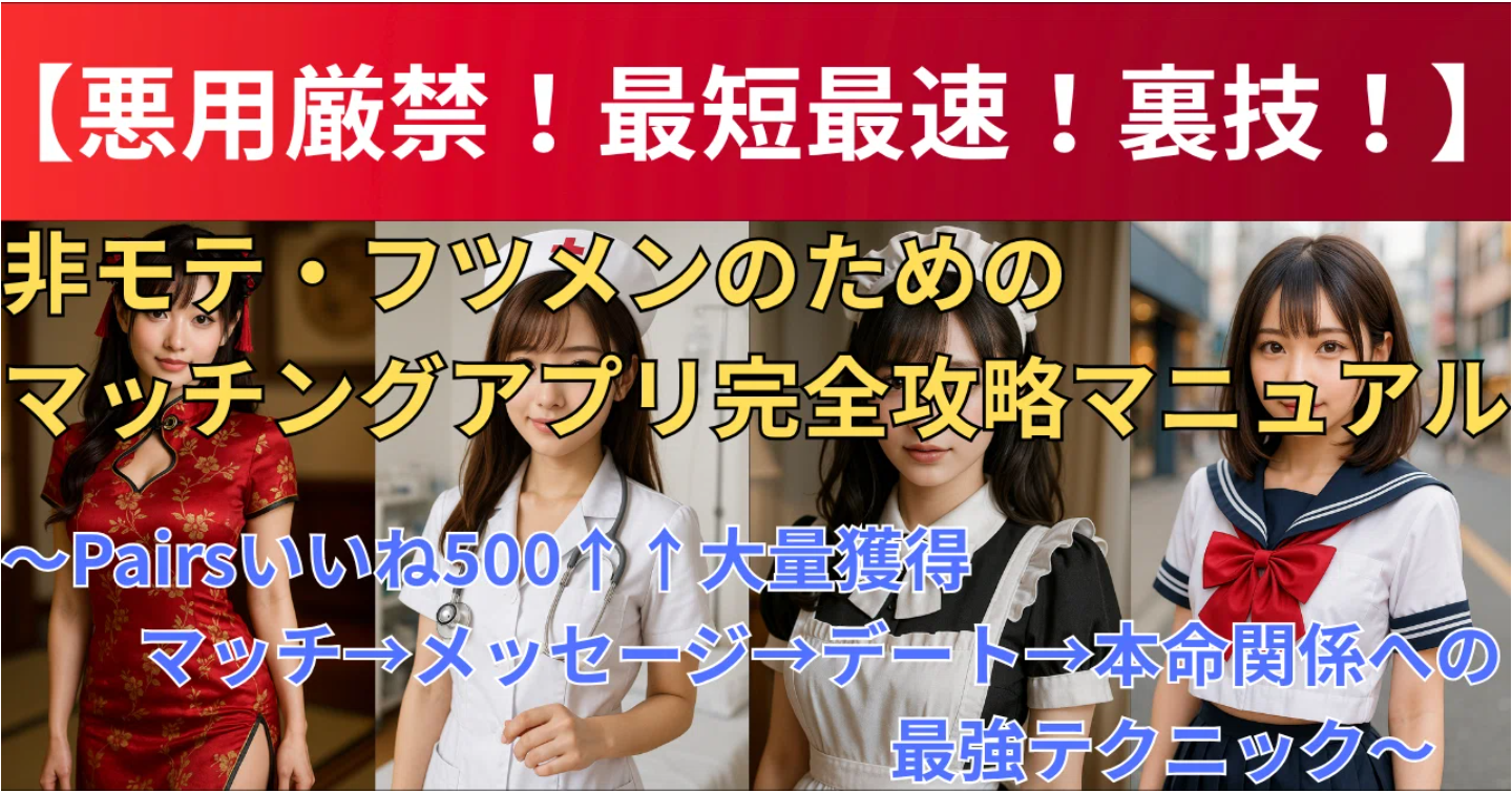 【悪用厳禁！最短最速！裏技！】非モテ・フツメンのためのマッチングアプリ完全攻略マニュアル～Pairsいいね500↑↑本命関係への最強テク～