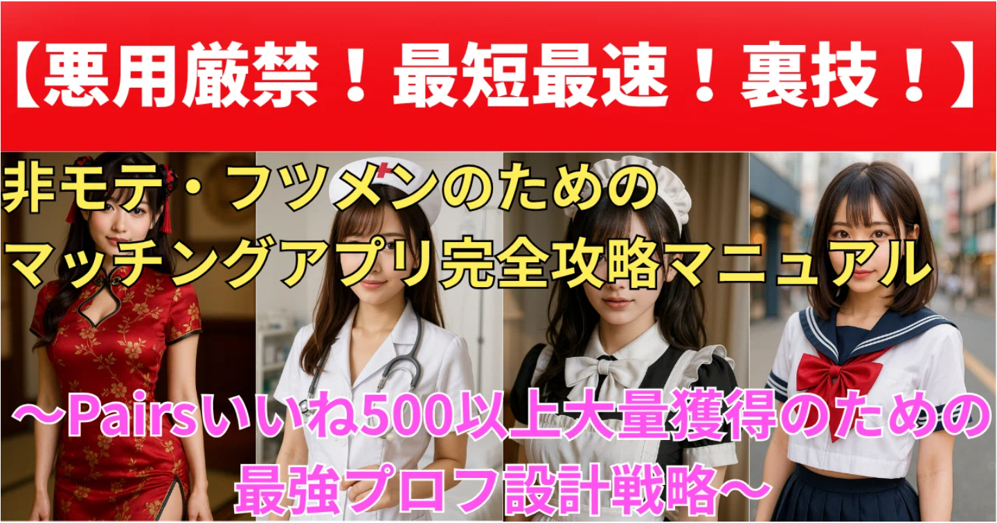 【悪用厳禁！最短最速！裏技！】非モテ・フツメンのためのマッチングアプリ完全攻略マニュアル～Pairsいいね500↑↑大量獲得最強プロフ設計～