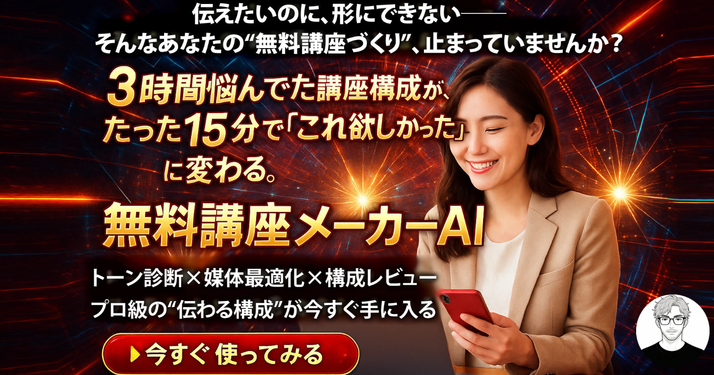 【部数限定セール中】もう迷わない。もう止まらない。無料講座がスラスラ作れる、あなただけの「無料講座メーカーAI」