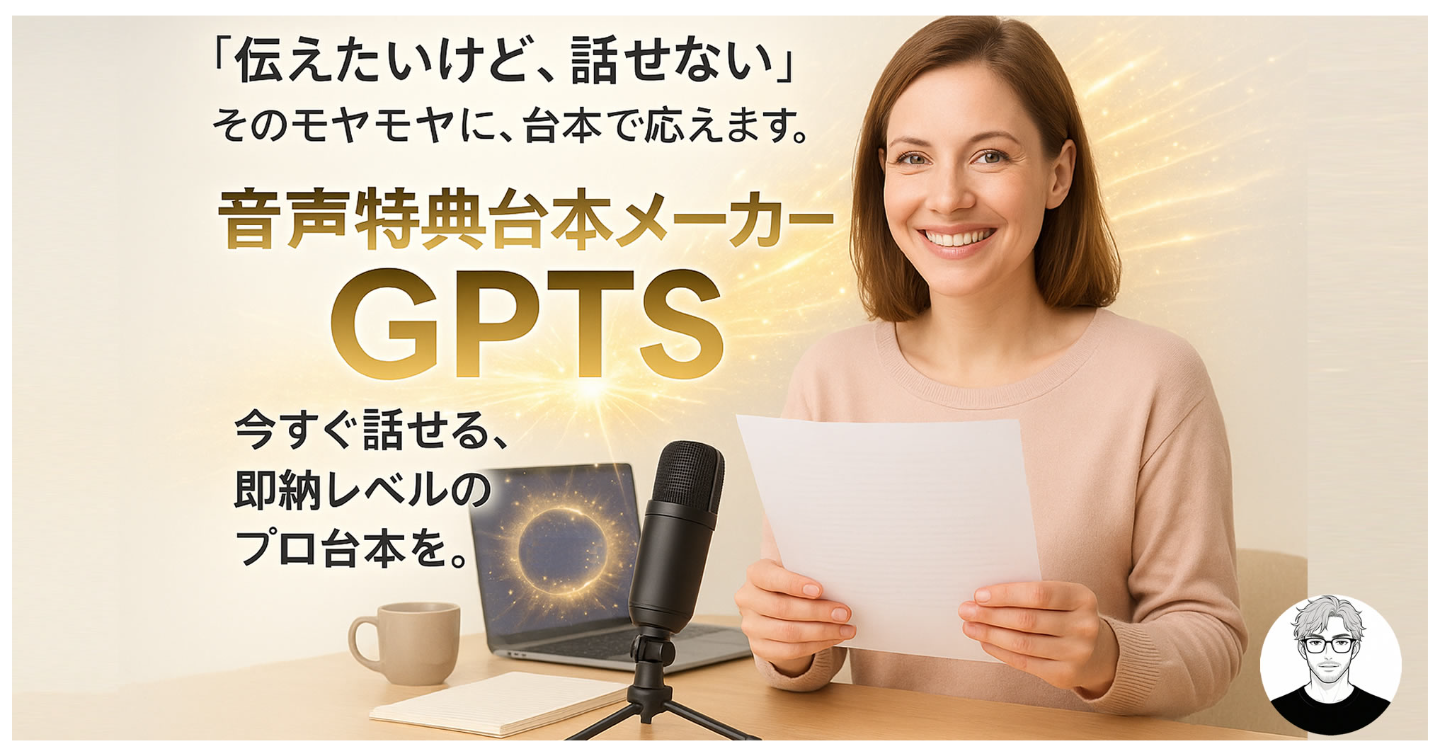 「話したいのに話せない…」その迷いを一瞬で変える、【音声特典台本メーカーGPTS】今すぐ“届ける人”になれる。【部数限定セール中】