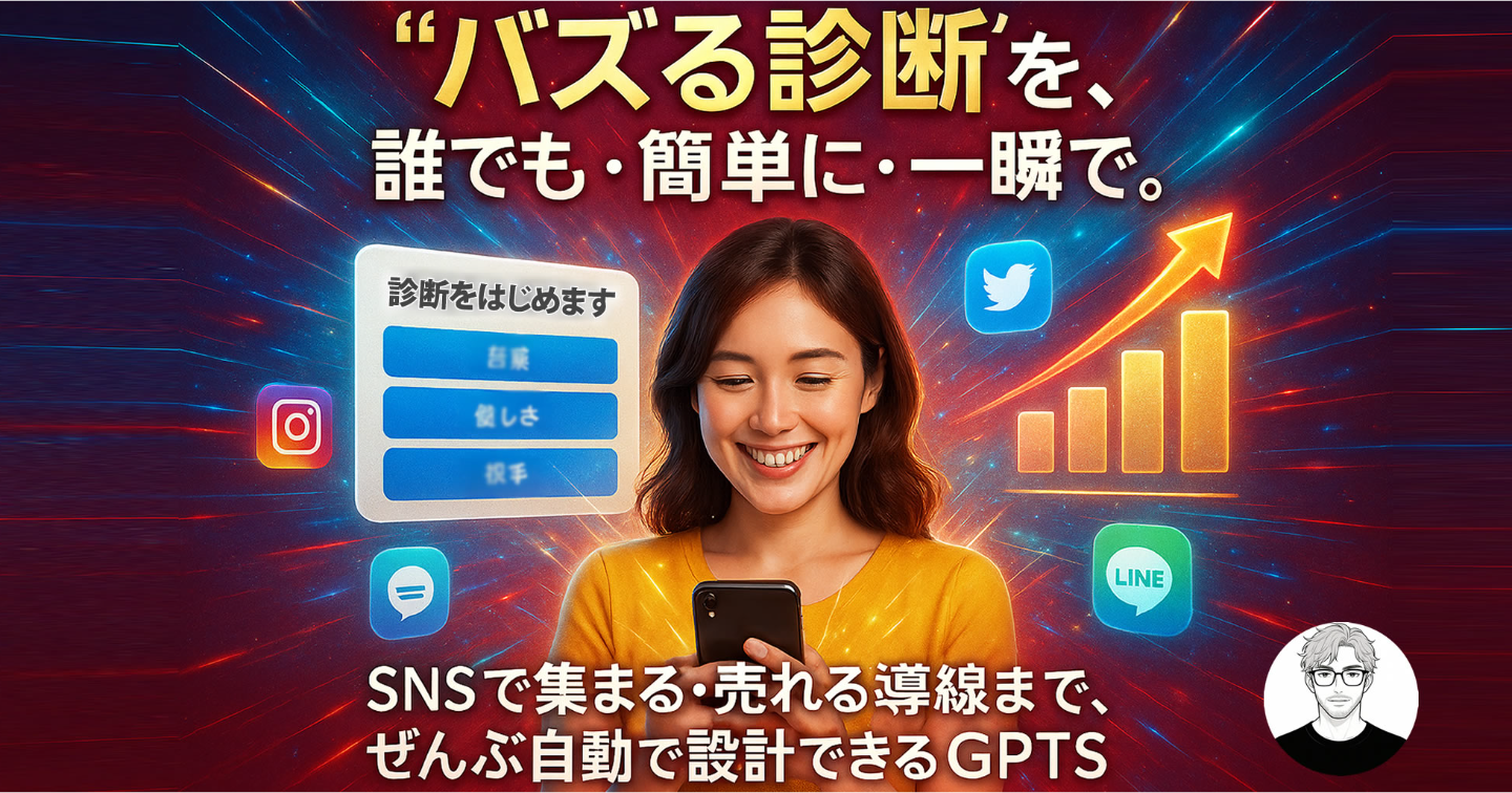“バズる診断”が5分で完成──《診断コンテンツ生成メーカーGPTS》なら、もうスベらず“集まり・売れる”未来が動き出す。【部数限定セール中】