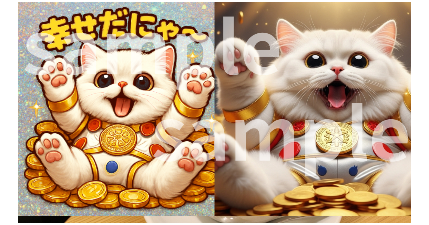 【AI猫】大量のお金の上にのって全身で喜びを表す猫＆このステッカー風デジタルアートを作るプロンプトを教えます。「幸せだニャー」