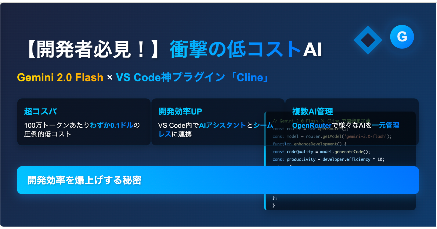 【開発者必見！】衝撃の低コストAI「Gemini 2.0 Flash」× VS Code神プラグイン「Cline」で開発効率を爆上げする秘密