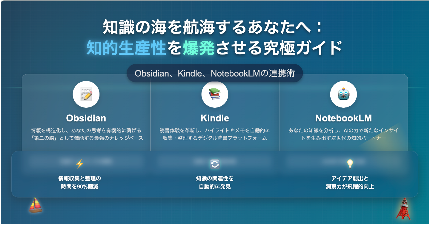 # 知識の海を航海するあなたへ：Obsidian、Kindle、NotebookLMで知的生産性を爆発させる究極ガイド