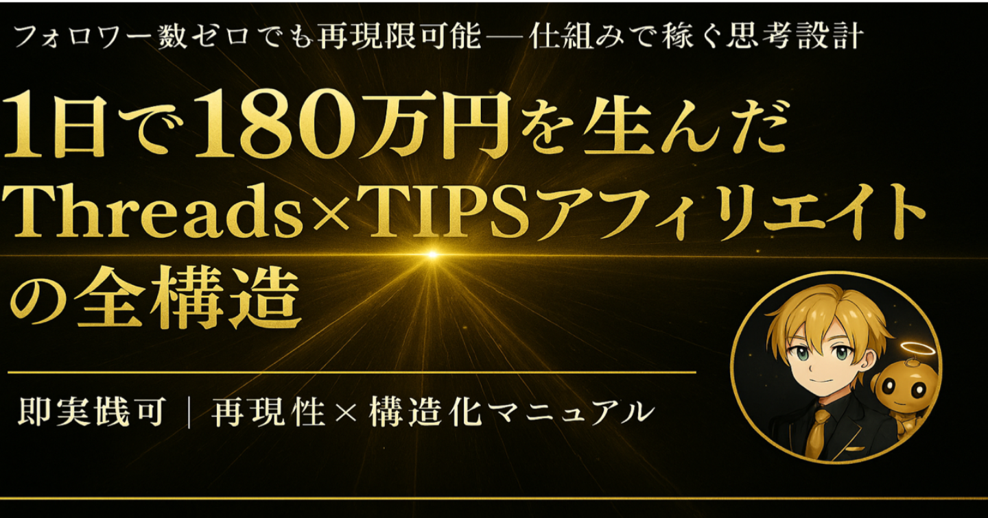 【保存版】1日で180万円を売り上げた



TIPSアフィリエイト ×Threads拡散戦略