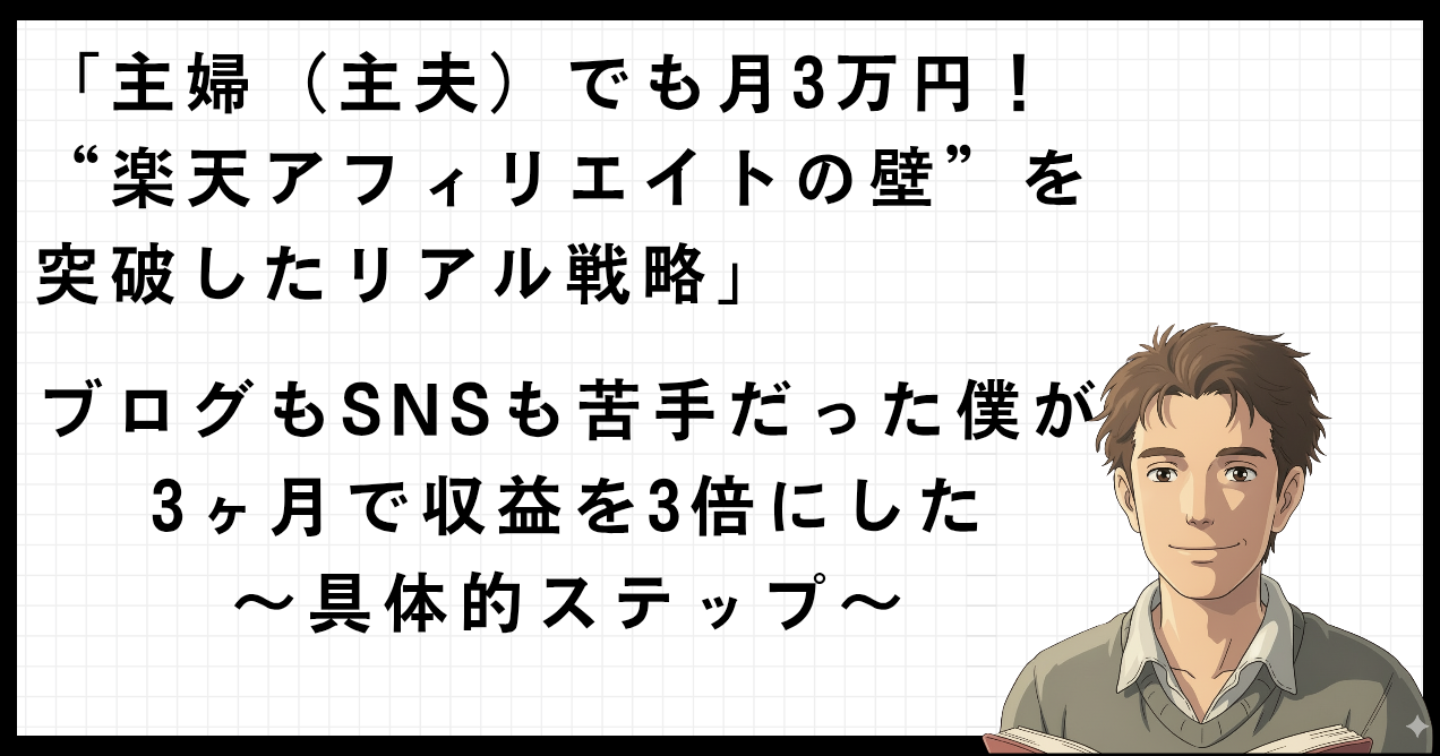 「主婦（主夫）のスキ間時間だけで！　月3万円！“楽天アフィリエイトの壁”を突破た！　〜リアル戦略」〜