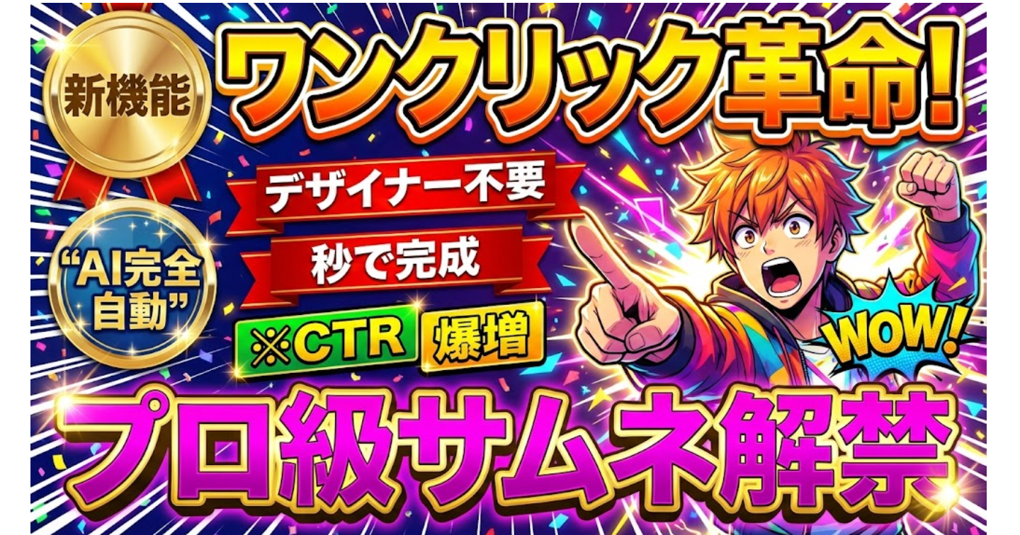 デザイナー不要。「ワンクリック」でクリック率が激変するプロ級YouTubeサムネイル生成AI、ついに解禁。