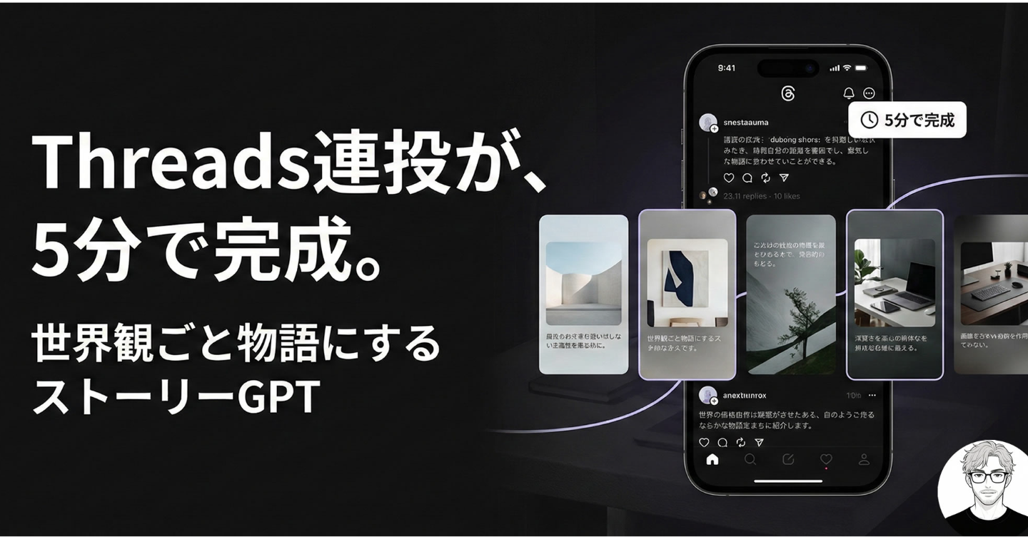 共感・保存・遷移が自然に増える。【Threadsストーリー工房】GPTsが“読まれる連投”を自動でつくる。