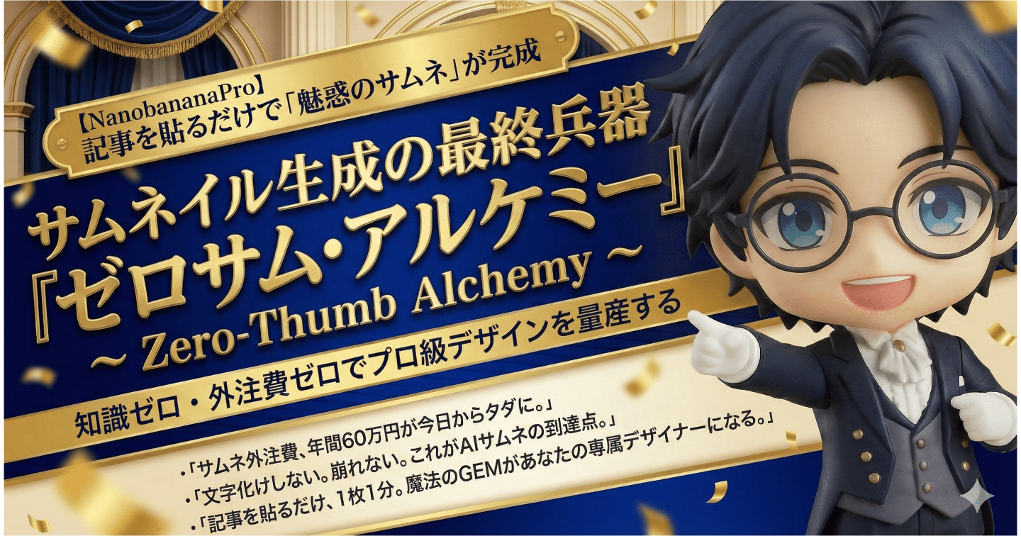 【NanobananaPro】記事を貼るだけで「魅惑のサムネ」が完成！知識ゼロ・外注費ゼロでプロ級デザインを量産する『ゼロサム・アルケミー』
