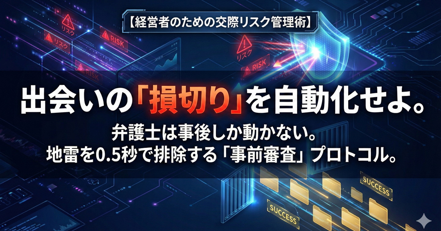 出会いの「損切り」を自動化せよ。地雷を0.5秒で排除し、資産と社会的信用を鉄壁に守る『交際デューデリジェンス』