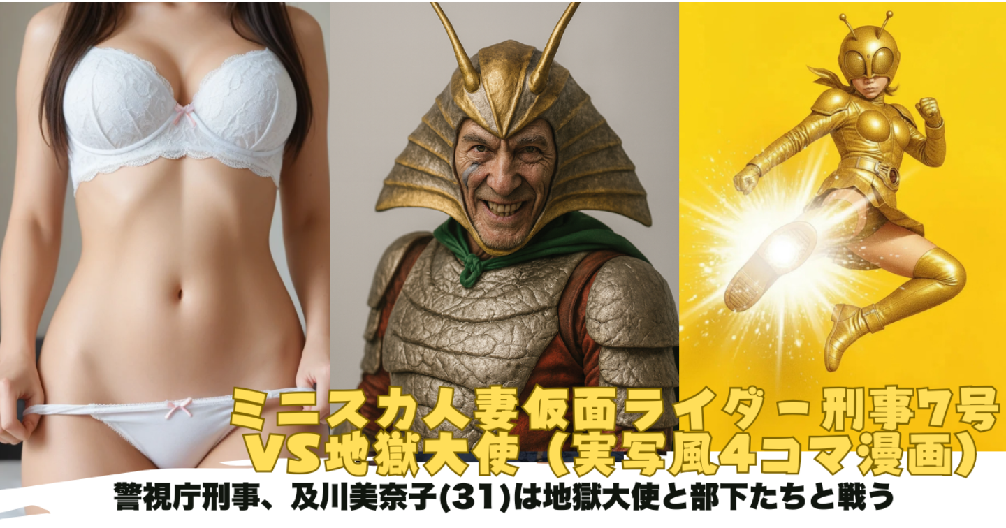 ミニスカ仮面ライダー刑事7号、及川美奈子(31)VS地獄大使、実写風4コマ漫画
