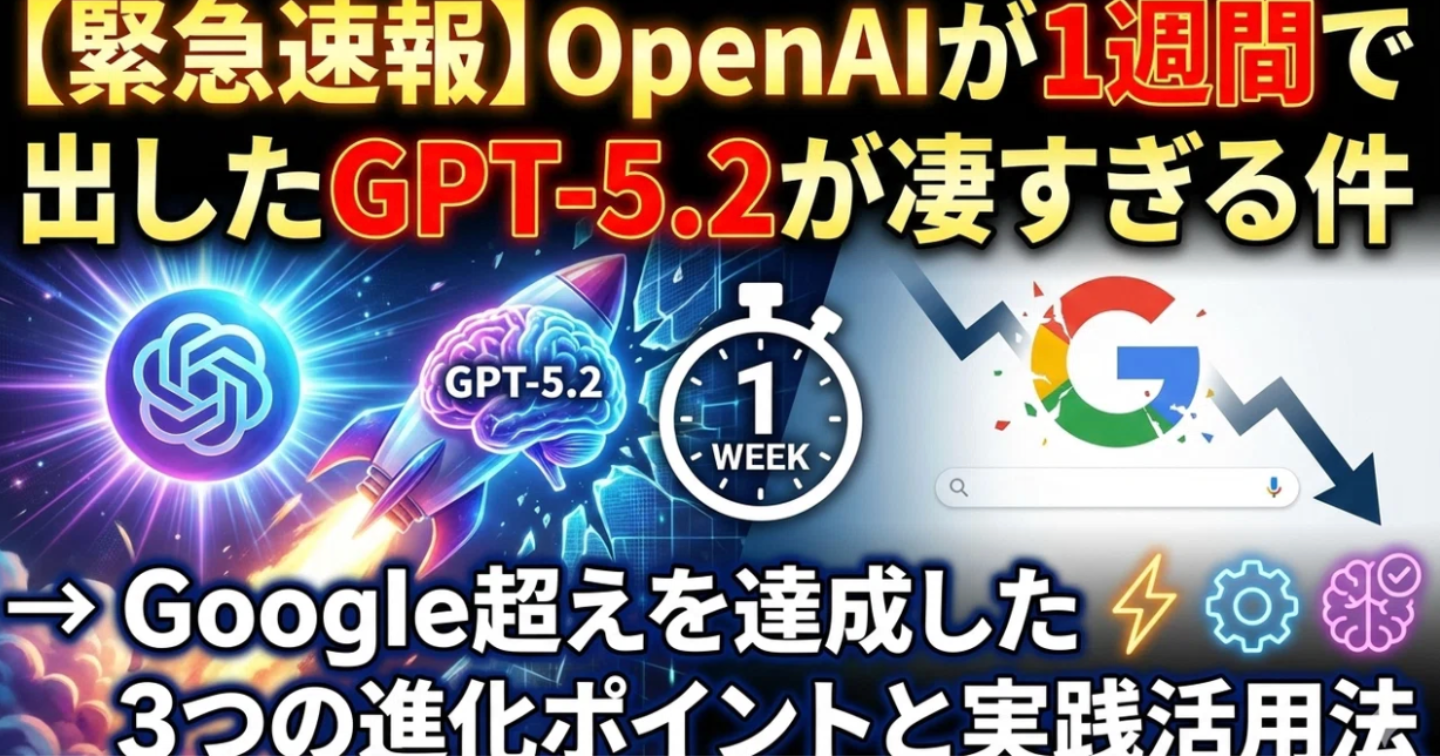 【緊急速報】OpenAIが1週間で出したGPT-5.2が凄すぎる件 → Google超えを達成した3つの進化ポイントと実践活用法