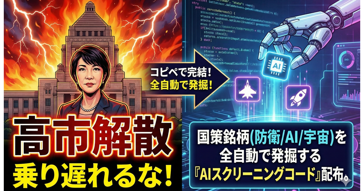 【コピペで完結】「高市解散」に乗り遅れるな。国策銘柄(防衛/AI/宇宙)を全自動で発掘する『AIスクリーニングコード』配布。
