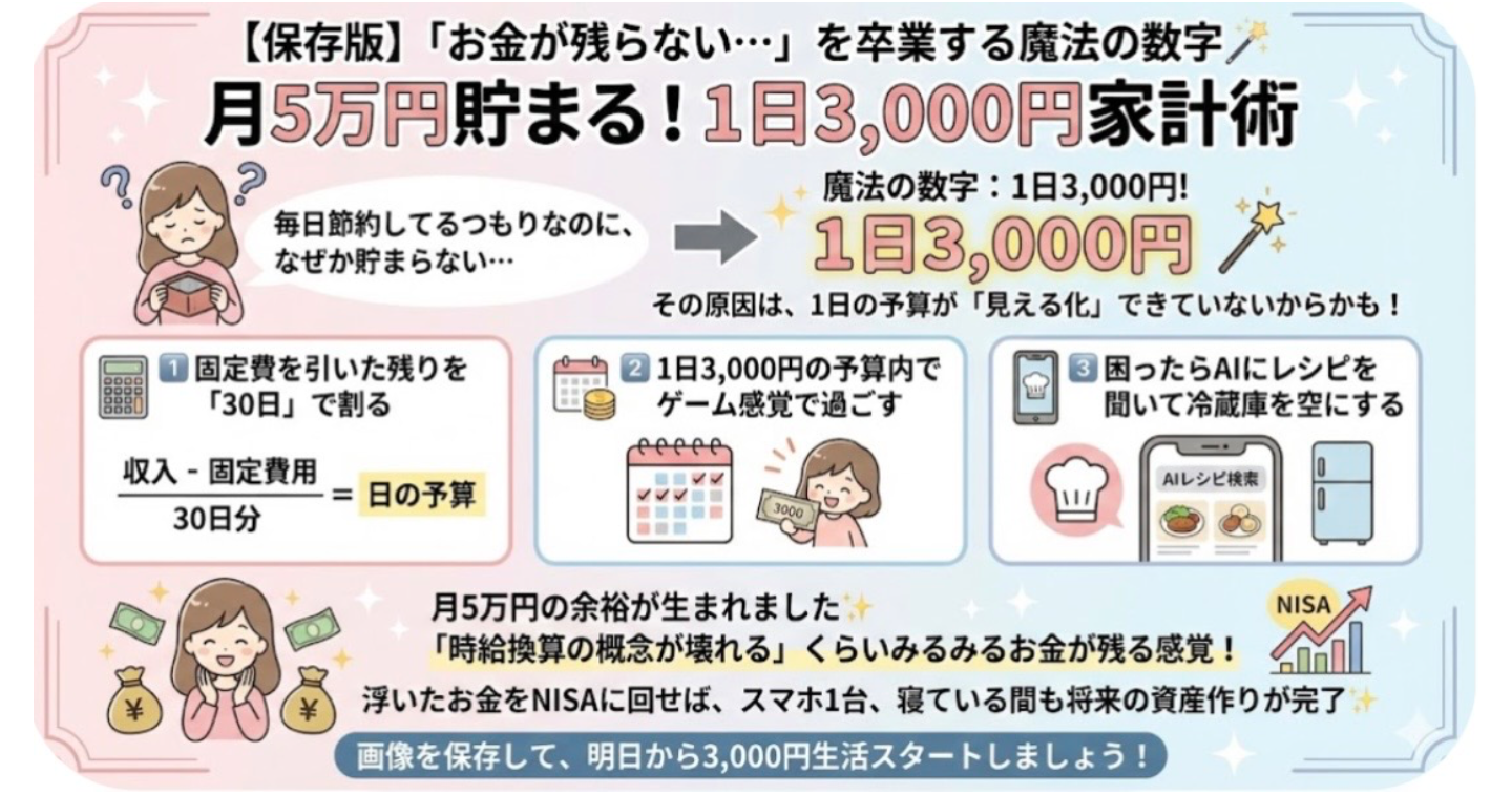  「今月も残りません…😭」を卒業！1日3,000円から始める、無理なく貯まる家計術 💵✨✨