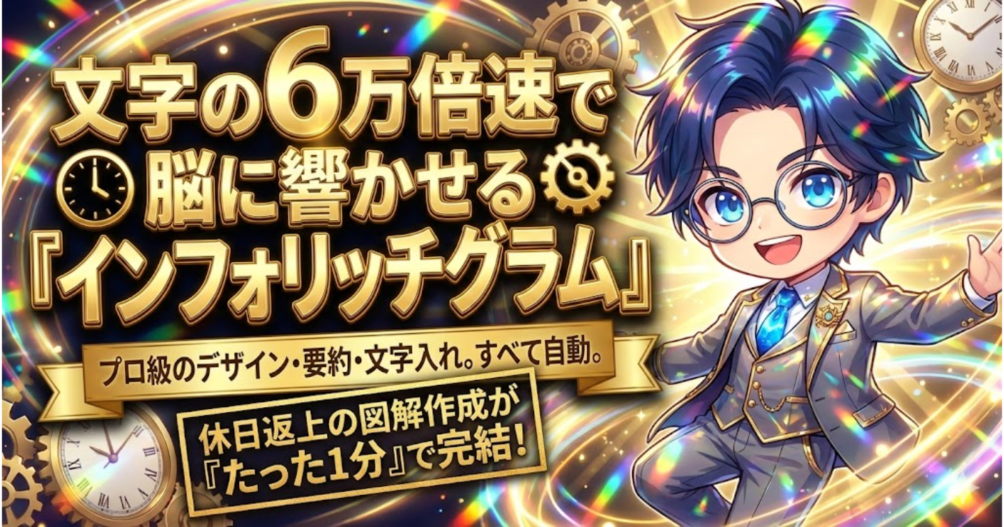 プロ級の図解デザインが素人でも『たった1分』で完成！文字の6万倍速で脳に響かせる『インフォリッチグラム』【NanobananaPro専用】