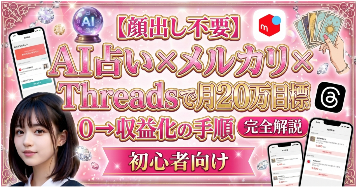【顔出し不要】AI占い×メルカリ×Threadsで月20万目標｜0→収益化の手順　完全解説