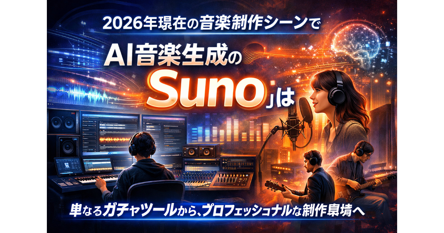 2026年現在の音楽制作シーンで、AI音楽生成の「Suno」は単なるガチャツールから、プロフェッショナルな制作環境へ