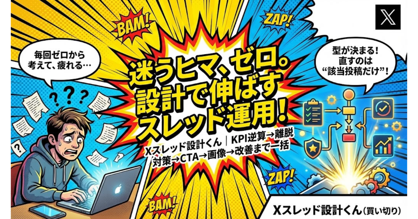 （2/16まで期間限定セール）スレッドが続かないあなたへ。【Xスレッド設計くん】が、KPIから逆算して“読まれる流れ”を作ります。