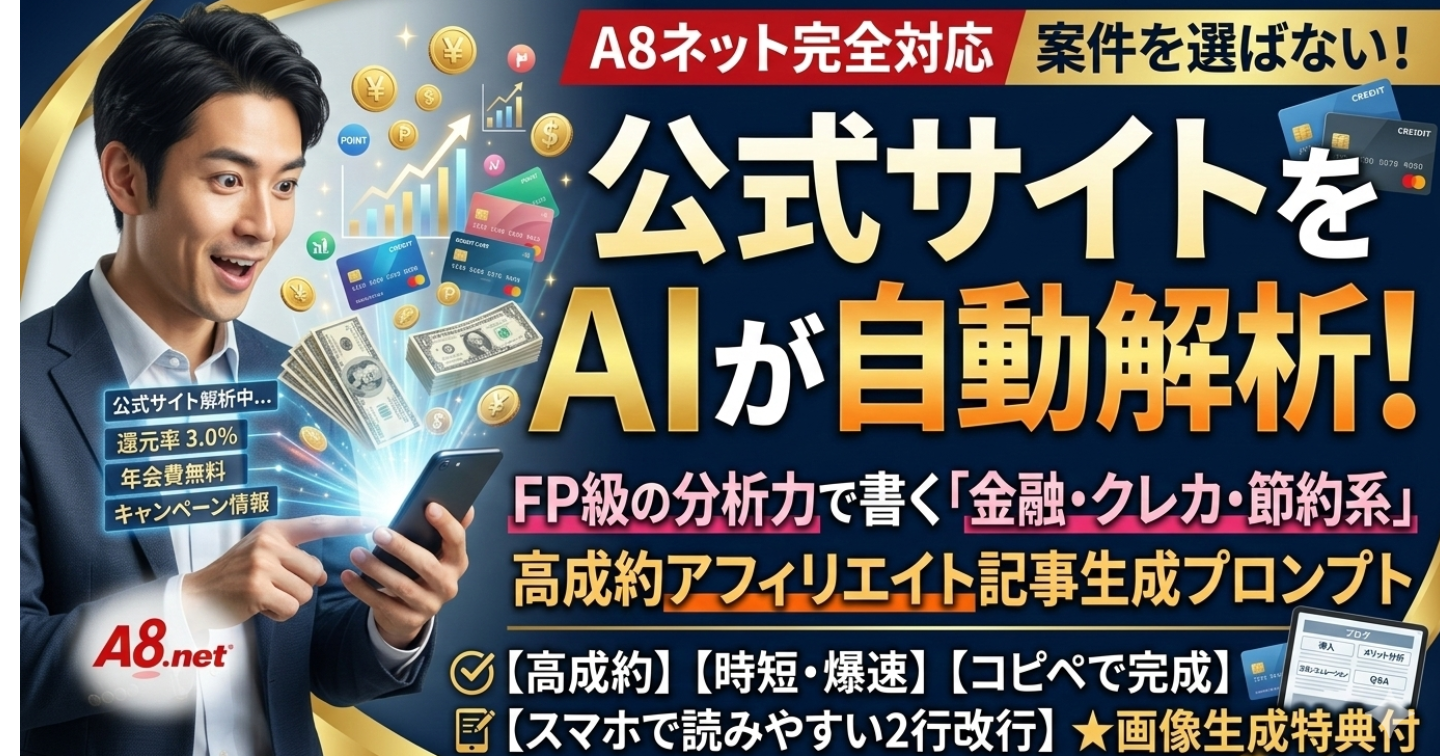 A8ネット特化】FP級の分析力！公式サイトをAIが解析して書く「金融・クレカ・節約系」高成約プロンプト（画像生成特典付）