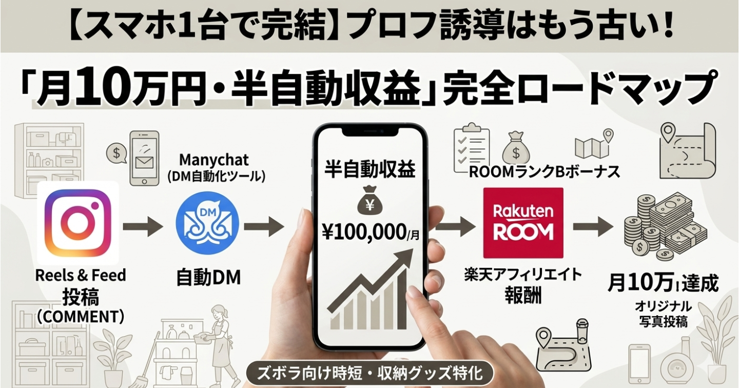 Instagram×楽天ROOM 半自動収益化モデル：【ズボラ向け時短・収納グッズ特化アカウント】