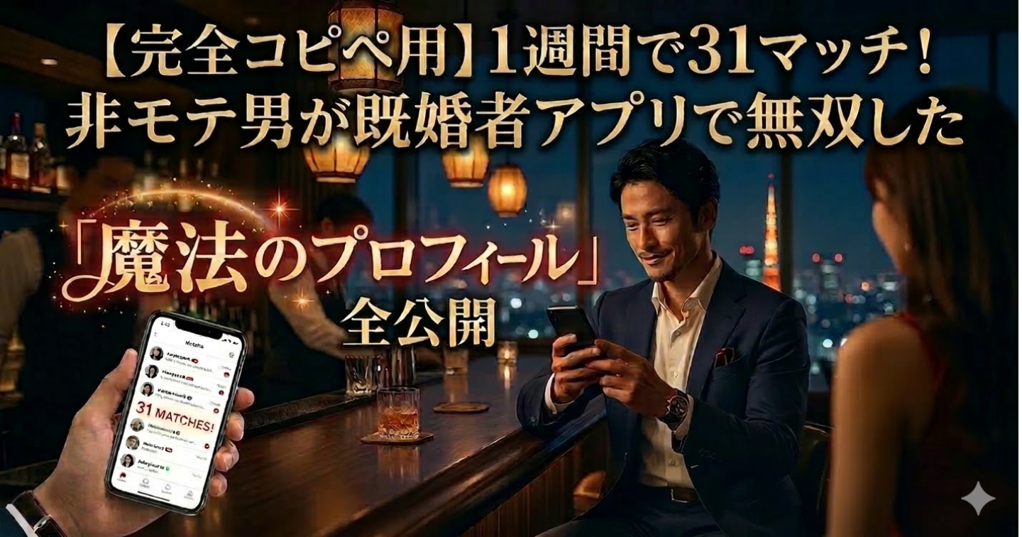 【完全コピペ用】地方都市で1週間31マッチ！非モテ男が既婚者アプリを無双した「魔法のプロフィール」全公開