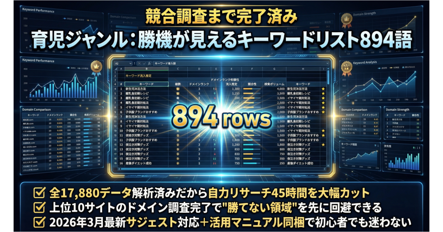  【リサーチ効率化】育児ジャンル：ドメイン調査済みキーワードリスト894語（17,880データ）