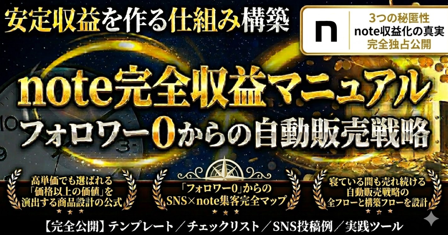 noteで安定収益を作る仕組み構築マニュアル｜ フォロワー0からでも『毎月売れ続ける』収益導線・高単価商品設計・自動販売戦略を完全公開