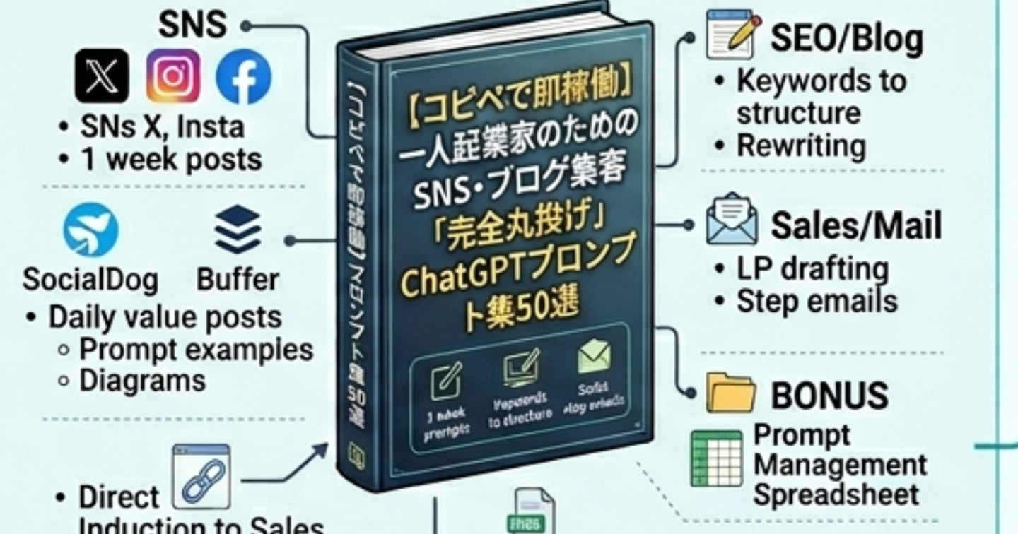  『【コピペで即稼働】一人起業家のためのSNS・ブログ集客「完全丸投げ」ChatGPTプロンプト集50選』