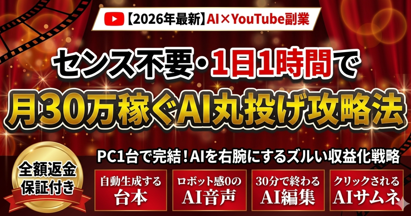 ※返金保証付き※【2026年最新】センス不要・1日1時間で月30万！AI丸投げYouTube完全攻略