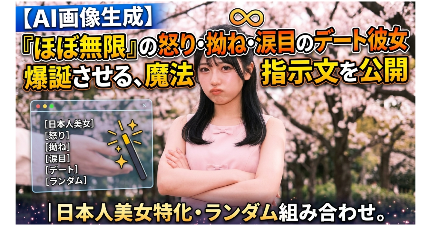 【AI画像生成】怒り・すね・涙目のデート彼女を"ほぼ無限"でプロンプト生成できる魔法の指示文を公開します｜日本人美女特化・ランダム組み合わせ