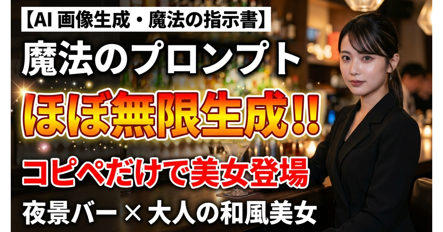 【AI画像生成・魔法の指示文】夜景バー×大人っぽい日本人美女をほぼ無限生成｜コピペだけで妖艶な美女が出てくる完全プロンプト集