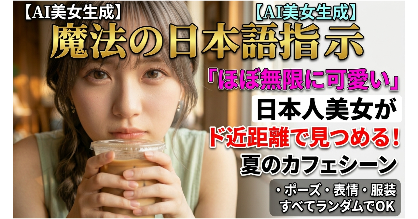 【AI美女生成】妹系の可愛い日本人美女が“顔近距離で見つめてくる”夏シーンをほぼ無限生成できる魔法の日本語指示文【ポーズ・表情・服ランダム】