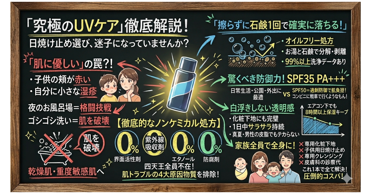 敏感肌・子供におすすめ！石鹸で落ちる＆テカらないノンケミカル日焼け止め【顔・全身用】 
