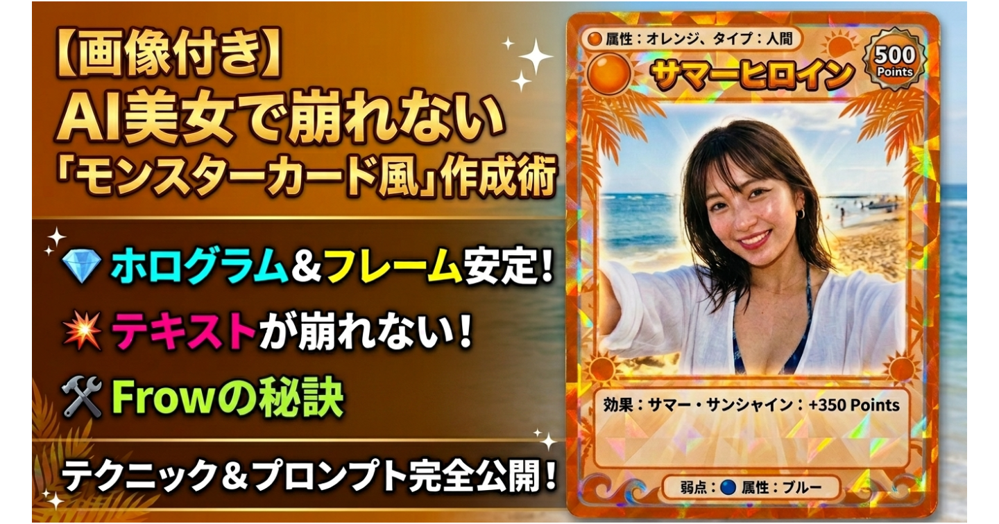 【画像あり】AI美女で“崩れないモンスターカード風デザイン”を作る方法　Frowでカード枠・文字・ホログラムを安定させる技術とプロンプト集