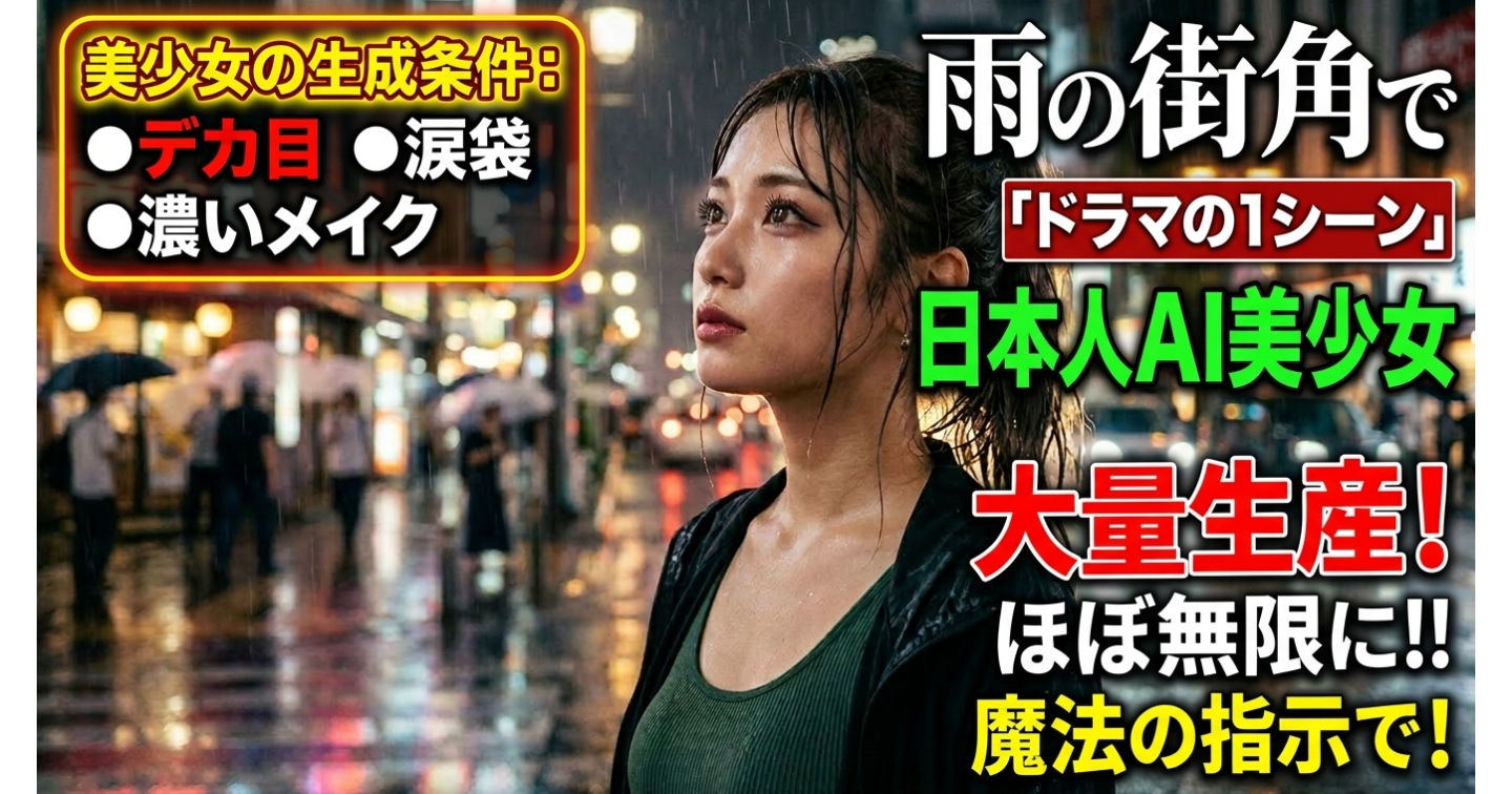 雨の街角で“ドラマのワンシーン”日本人AI美女をほぼ無限に量産する魔法の指示文 ― 大きな目・涙袋・しっかりメイクの美女を安定生成 ―