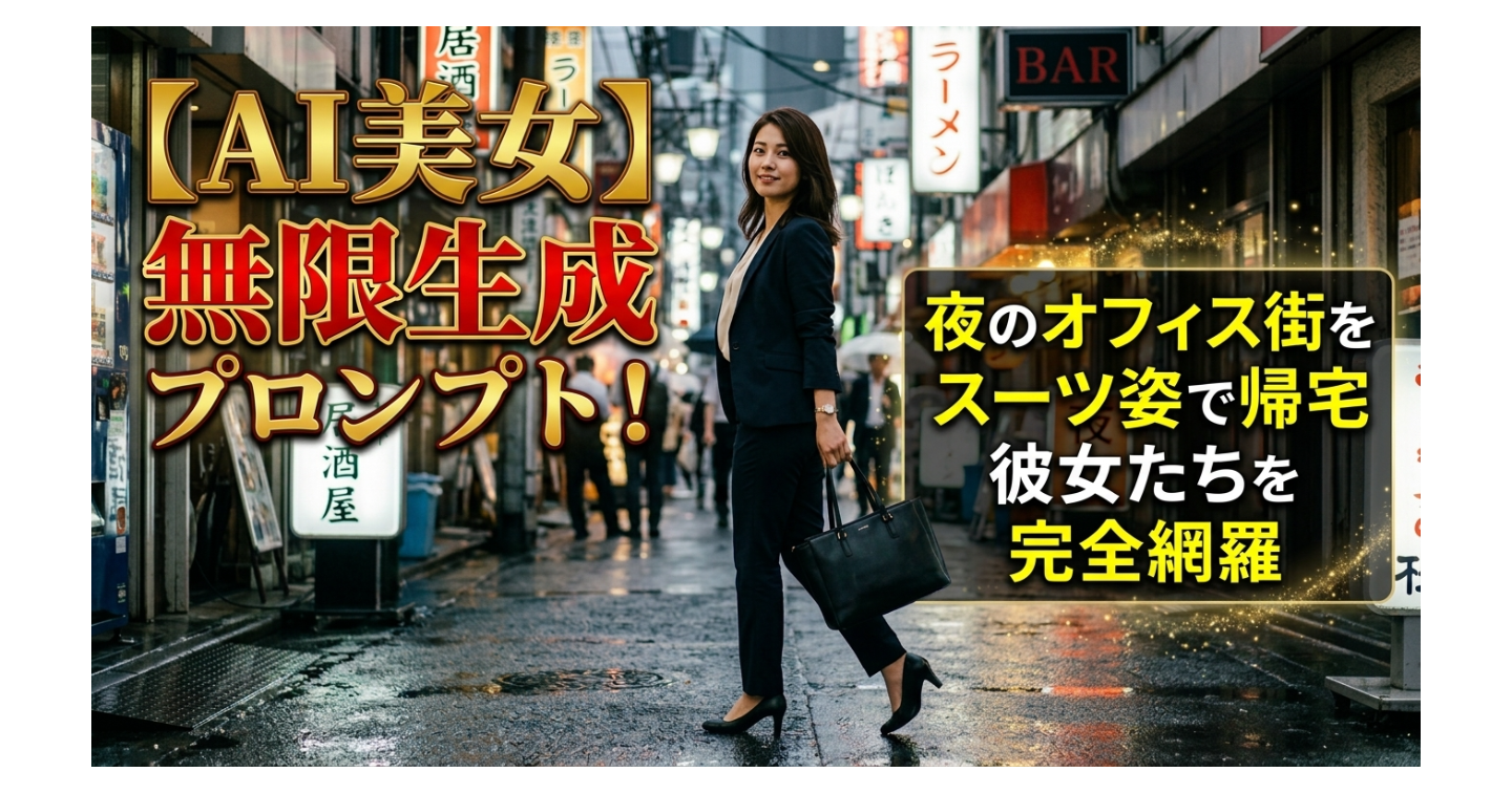 AI美女 × 夜のオフィス街仕事帰りのスーツ姿のいろんなタイプのAI女性OLを“ほぼ無限生成”できる魔法の指示文を特別公開します