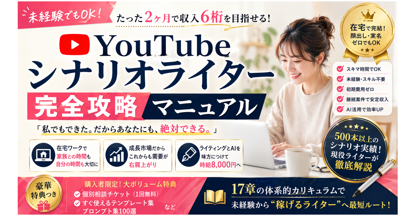【未経験でもOK／たった2ヶ月で収入6桁を無理なく目指せる堅実な在宅ワーク】YouTubeシナリオライター 完全攻略マニュアル