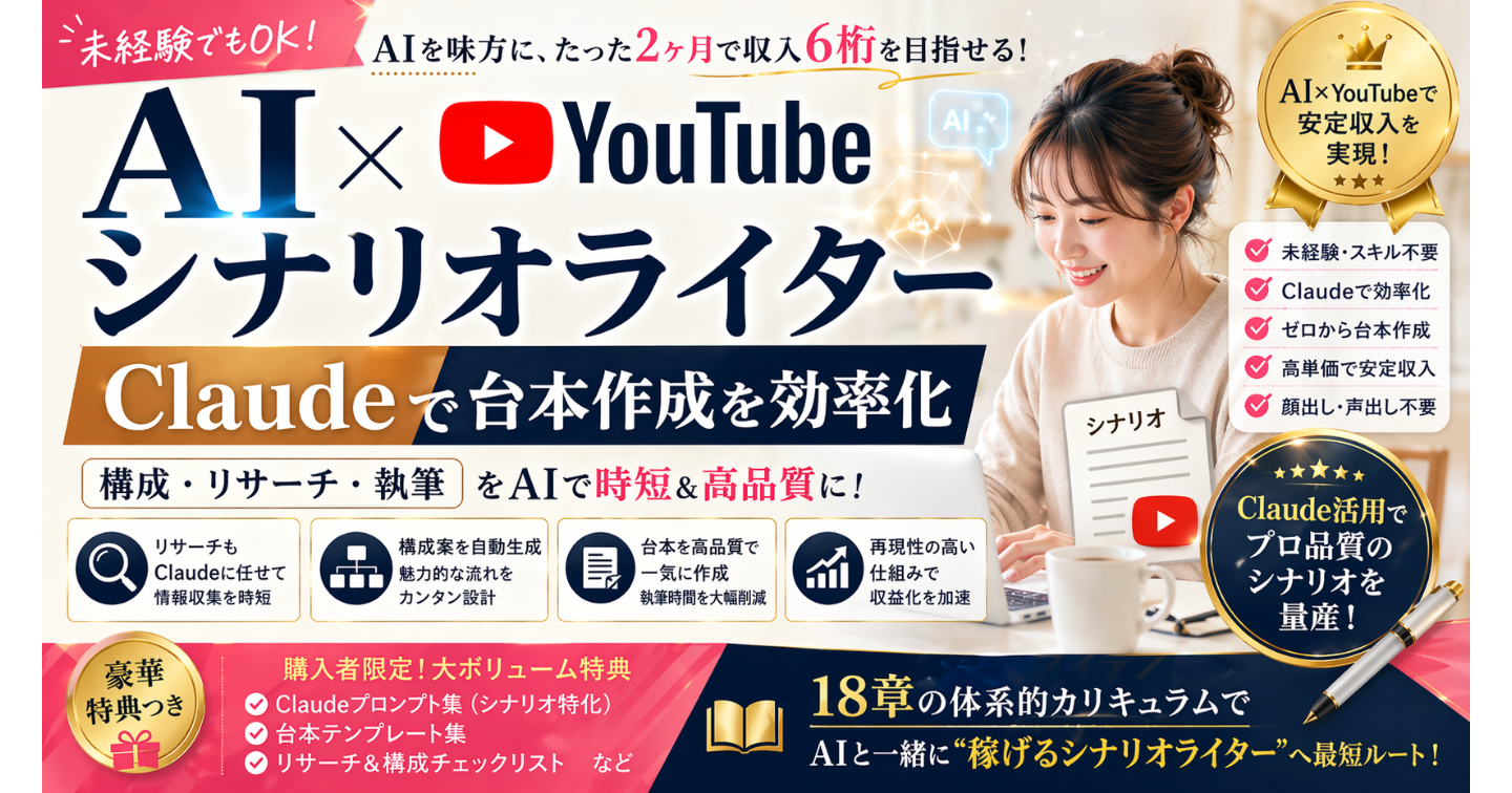 【未経験でもOK／たった2ヶ月で収入6桁を無理なく目指せる堅実な在宅ワーク】AI×YouTubeシナリオライター 完全攻略マニュアル