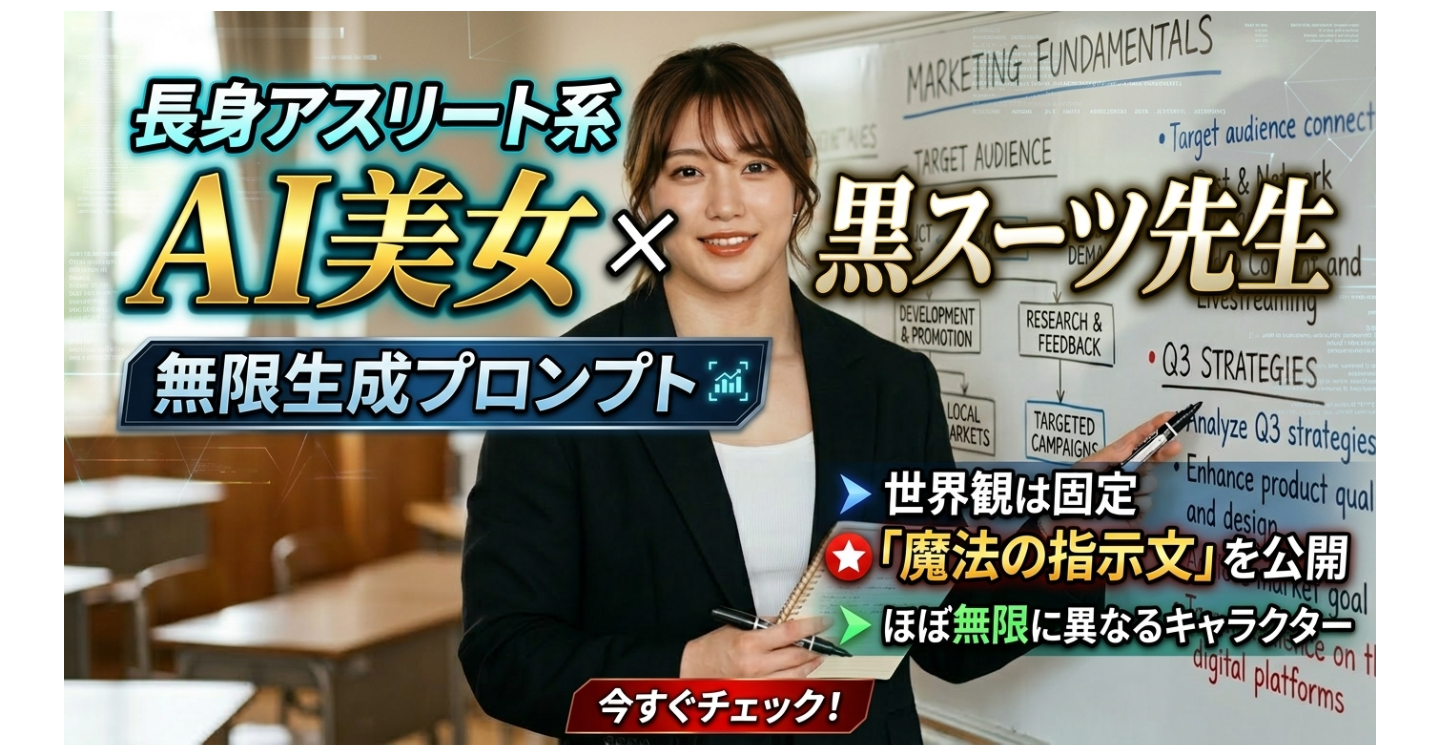 『長身アスリート系AI美女 × 黒スーツ教師』
無限生成プロンプト世界観は固定、キャラほぼ無限の別人を生み出す“魔法の指示文”を公開
