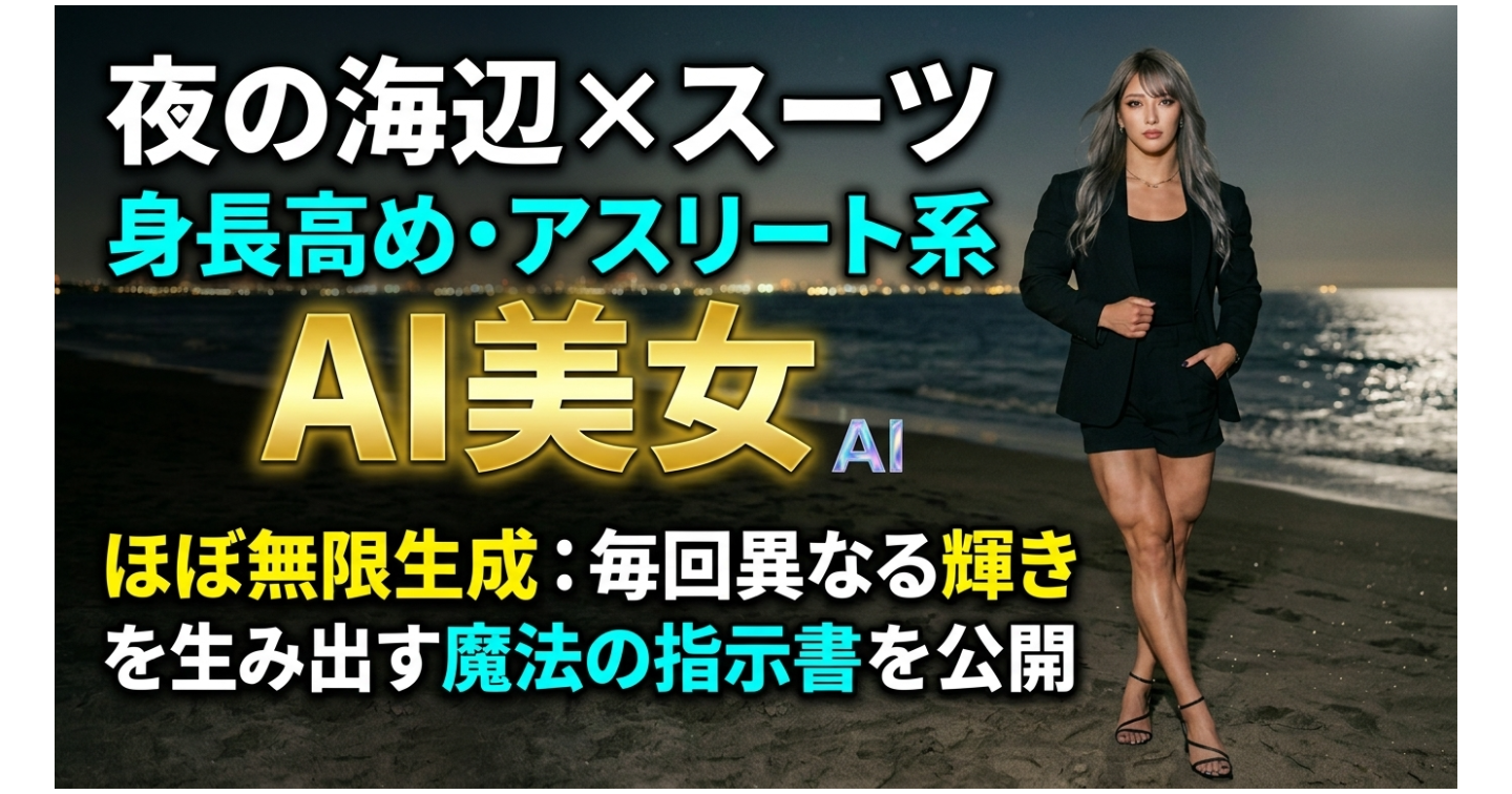 『夜の浜辺×黒スーツ×日本人長身アスリート体型AI美女』画像生成用プロンプトほぼ無限生成──毎回違う輝きを生む魔法の指示文を公開