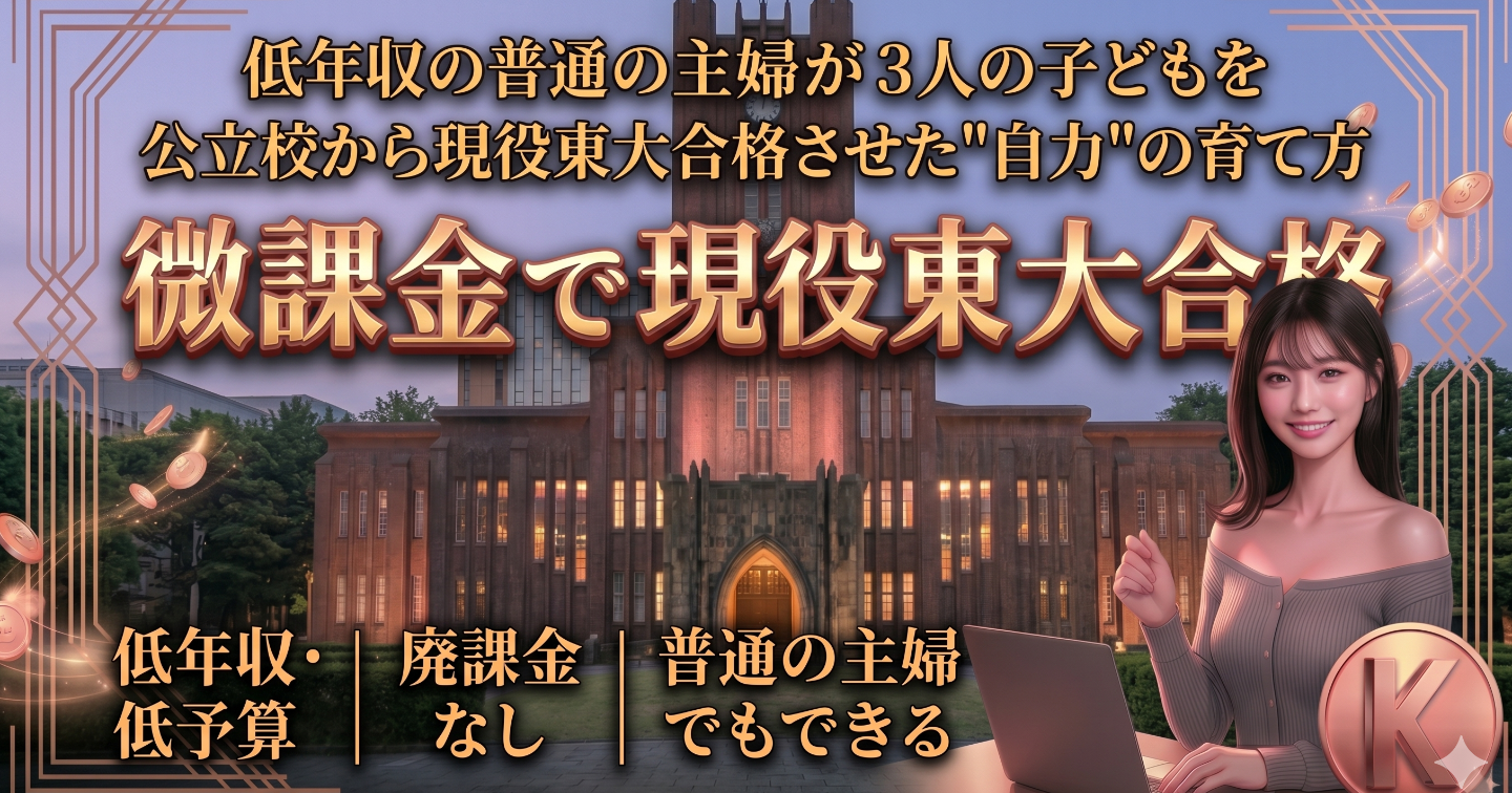 【低年収でもOK】教育廃課金なしで公立校から東大理系3人現役合格・普通の主婦が実践した自走する子の育て方