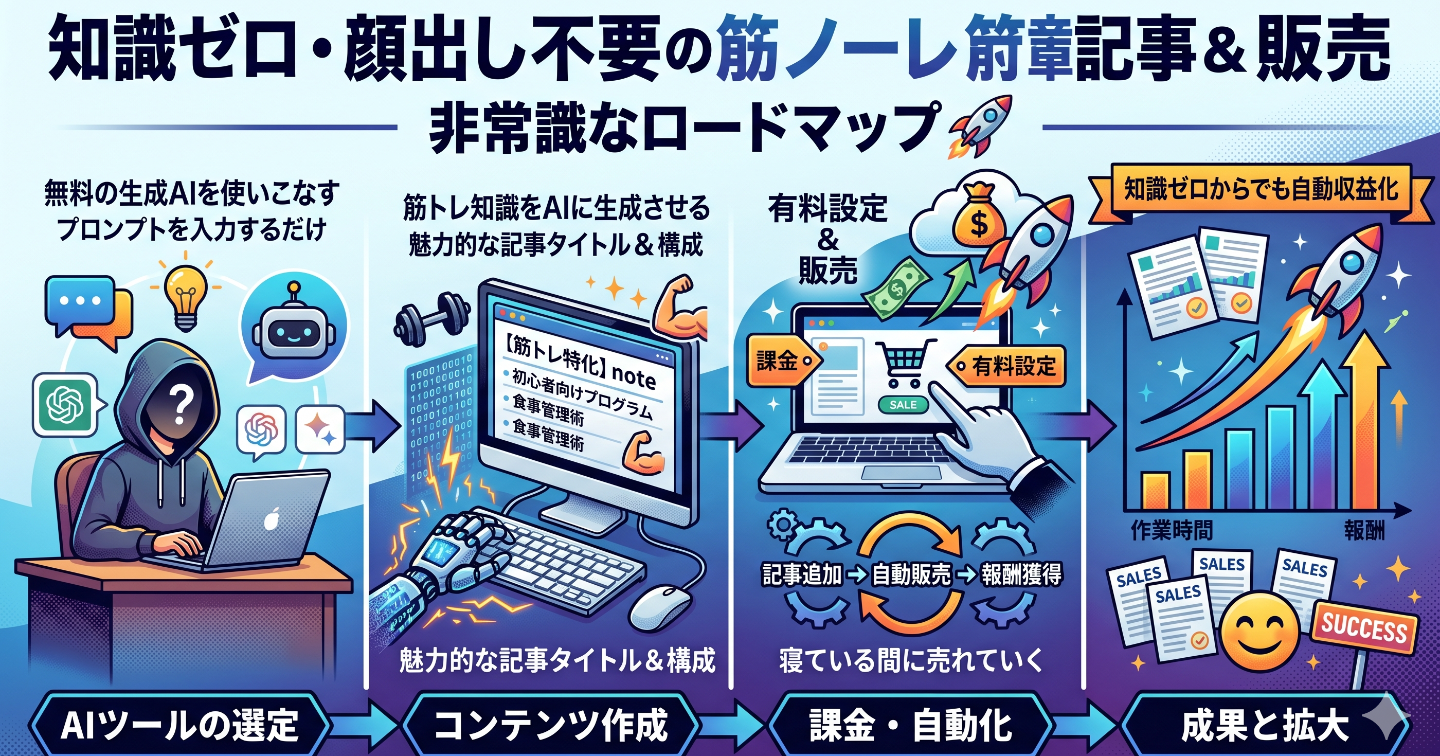 【知識ゼロ・顔出し不要】タダの無料Geminiに「筋トレ特化note」を書かせて、完全自動で有料記事を売る非常識なロードマップ 🚀