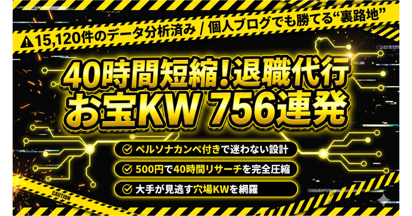 【40時間短縮】大手を出し抜くお宝を発見！退職代行キーワード756語・完全SEO分析シート（ペルソナカンペ付き）