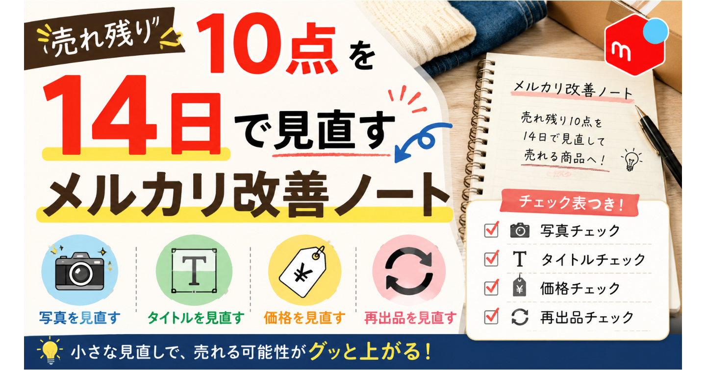 売れ残り10点を14日で見直すメルカリ改善ノート｜写真・タイトル・価格・再出品チェック表つき