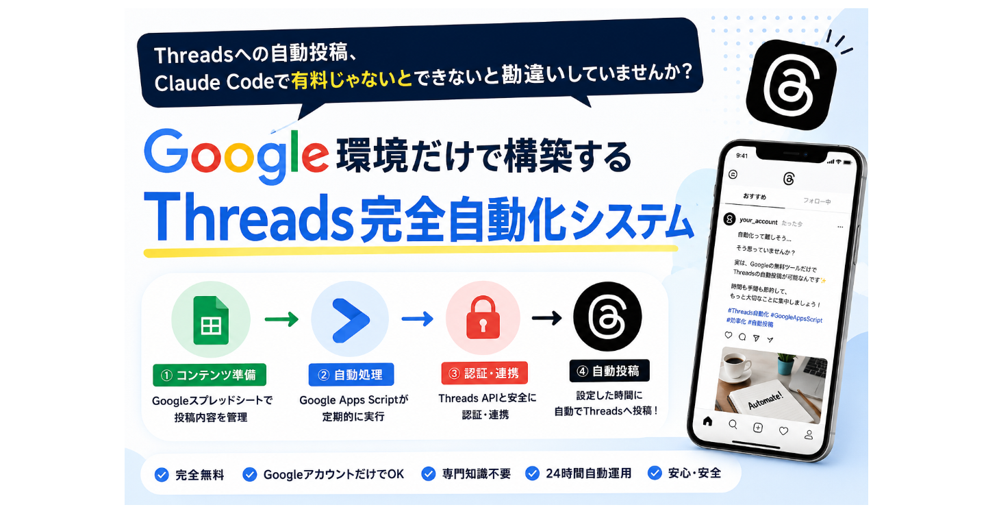 Threads自動投稿はClaude Codeで有料できなくてもできる！Google環境で構築する「Threads完全自動化システム」