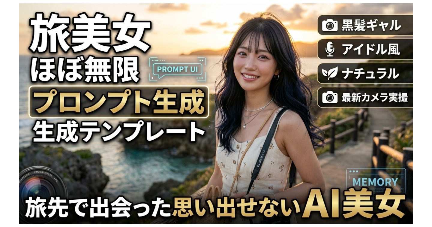 旅先美女・兆通りほぼ無限プロンプト生成テンプレ｜黒髪ギャル×アイドル風×自然体×最新カメラ実写　旅行で出会った思い出せないAI美女
