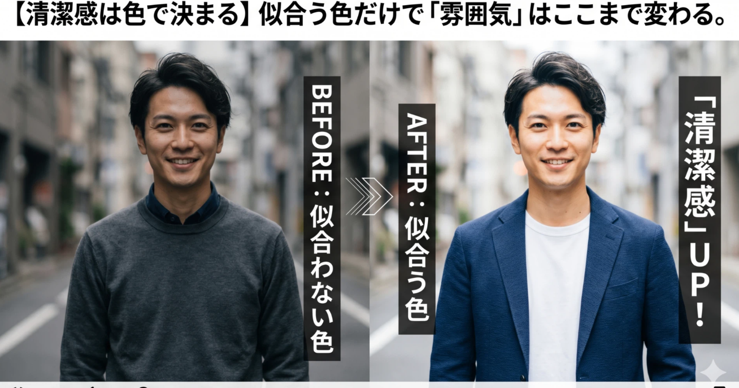 【清潔感は色で決まる】似合う色だけで「雰囲気」はここまで変わる。