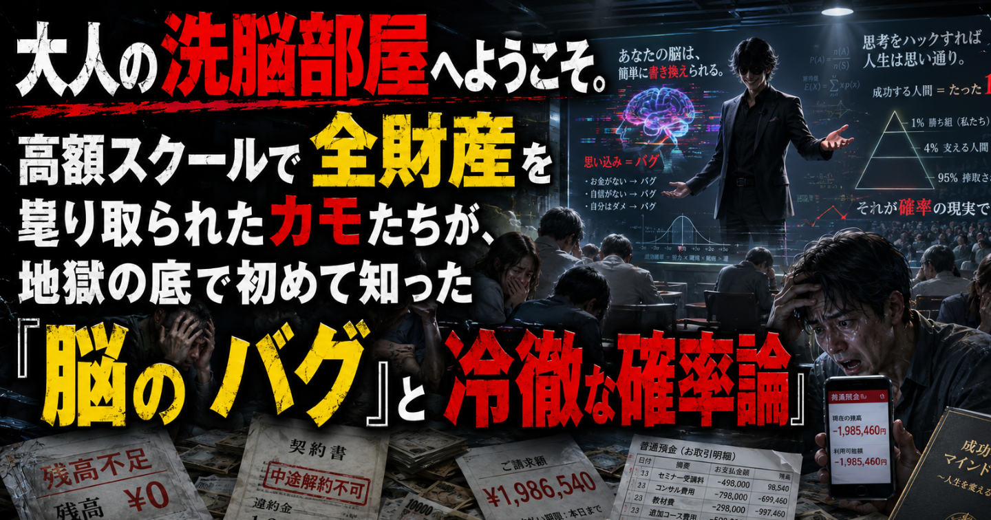 『大人の洗脳部屋へようこそ。高額スクールで全財産を毟り取られたカモたちが、地獄の底で初めて知った「脳のバグ」と冷徹な確率論』
