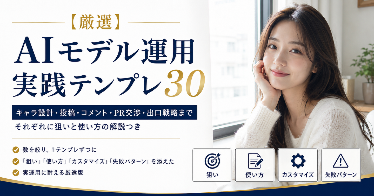 【厳選】AIモデル運用 実践テンプレ30 — キャラ設計・投稿・コメント・PR交渉・出口戦略まで、それぞれに狙いと使い方の解説つき